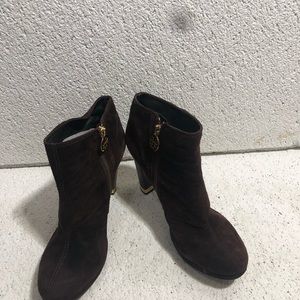 Tory Burch side-zip chocolate brown suede ankle boot